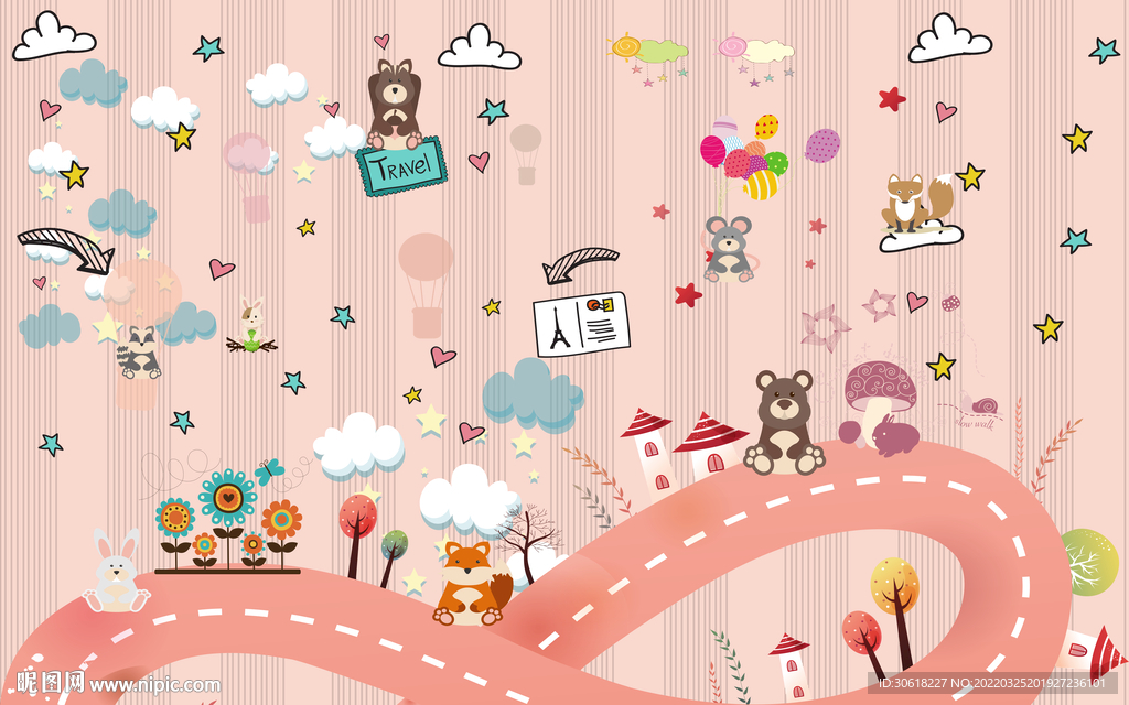 卡通儿童房背景墙壁纸壁画壁布 