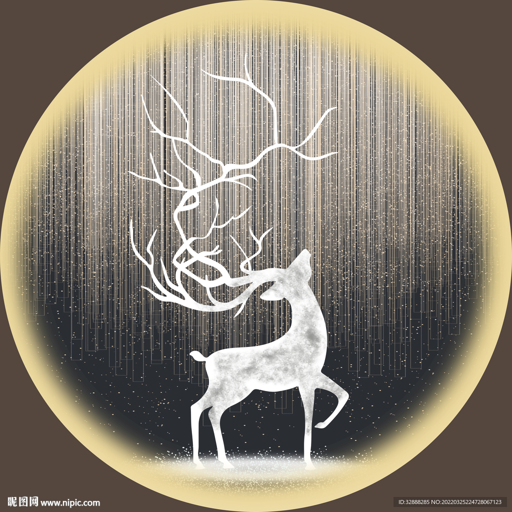 圆形黑白线条麋鹿装饰画