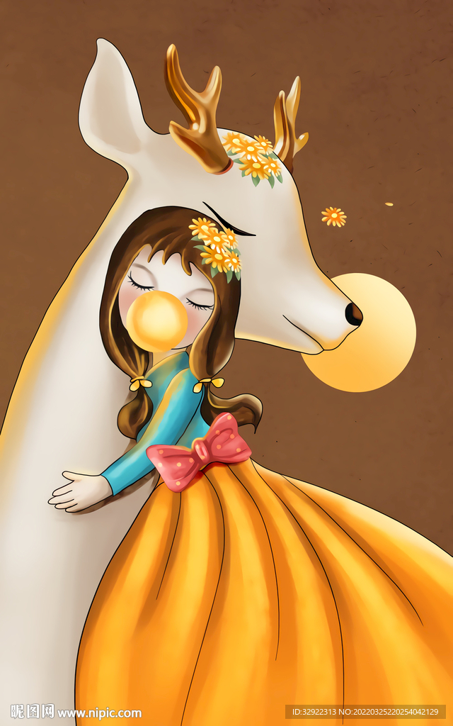 麋鹿少女娃娃装饰画