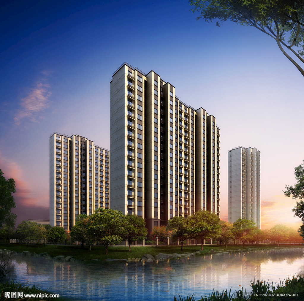 沿水高层住宅群体透视效果图