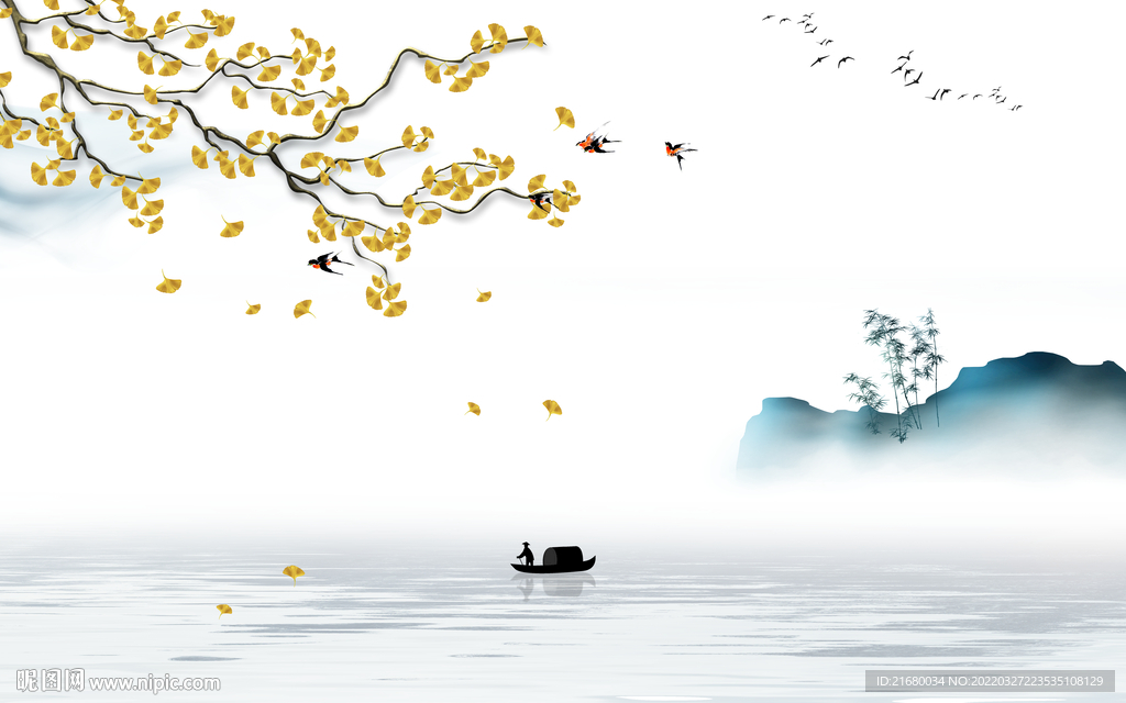 花鸟水墨抽象山水背景墙