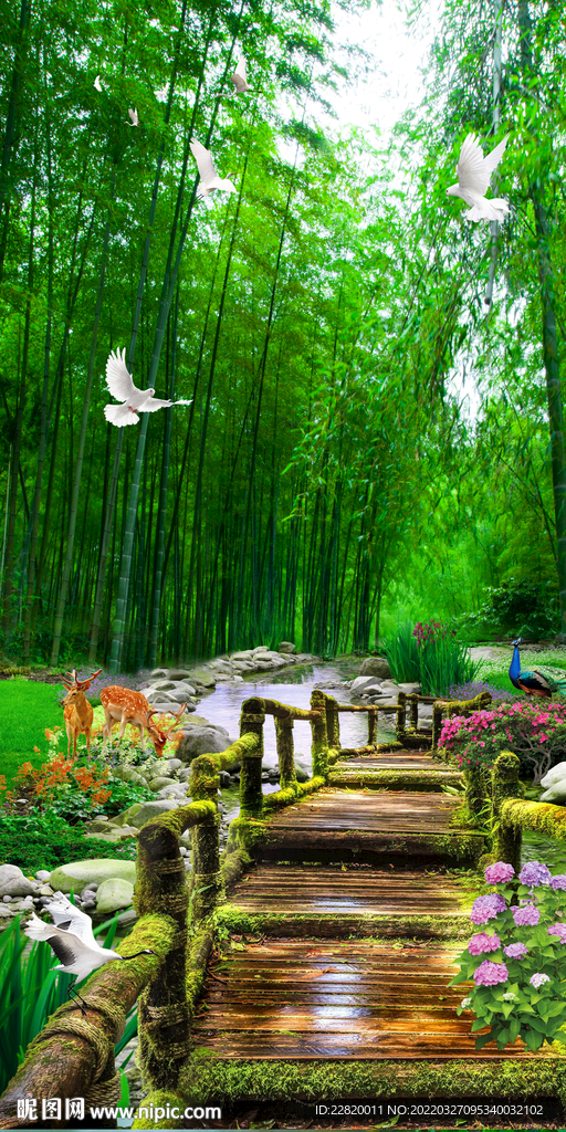 竹林溪水桥鸽子