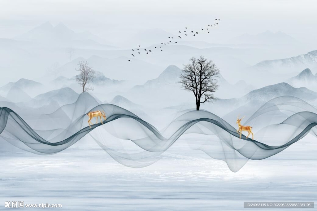 新中式烟雾麋鹿山水背景墙