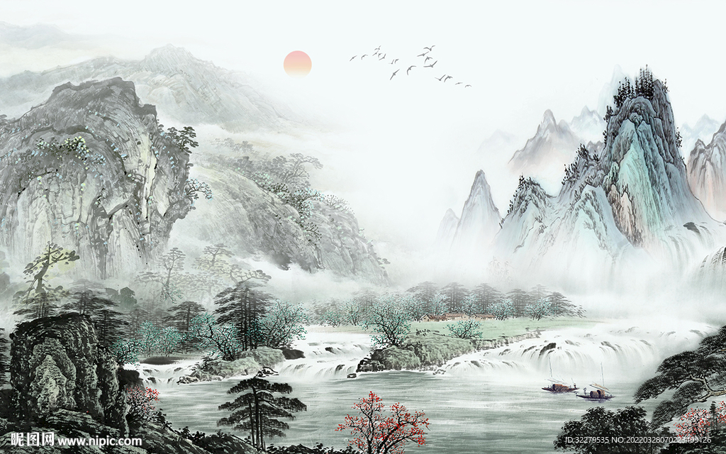 现代 客厅中式山水 TIF分层