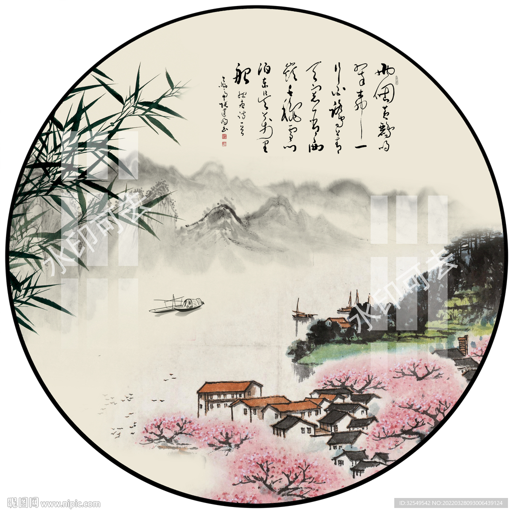 新中式水墨江南圆形装饰画