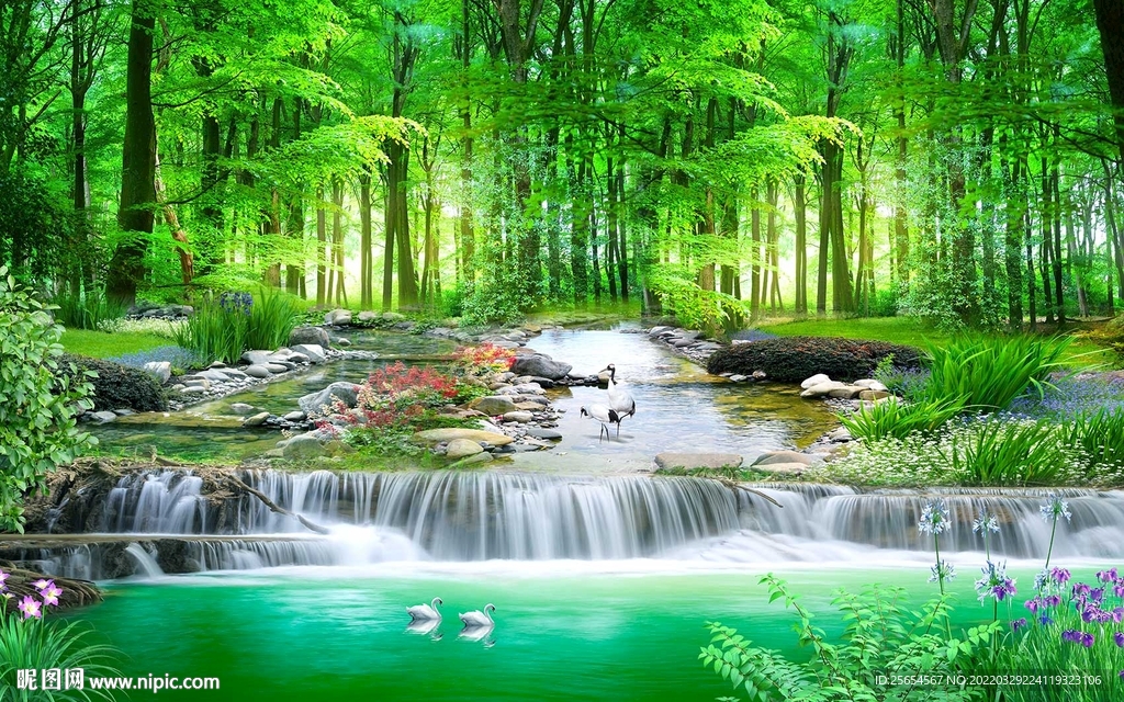 阳光树林绿色风景流水生财背景墙