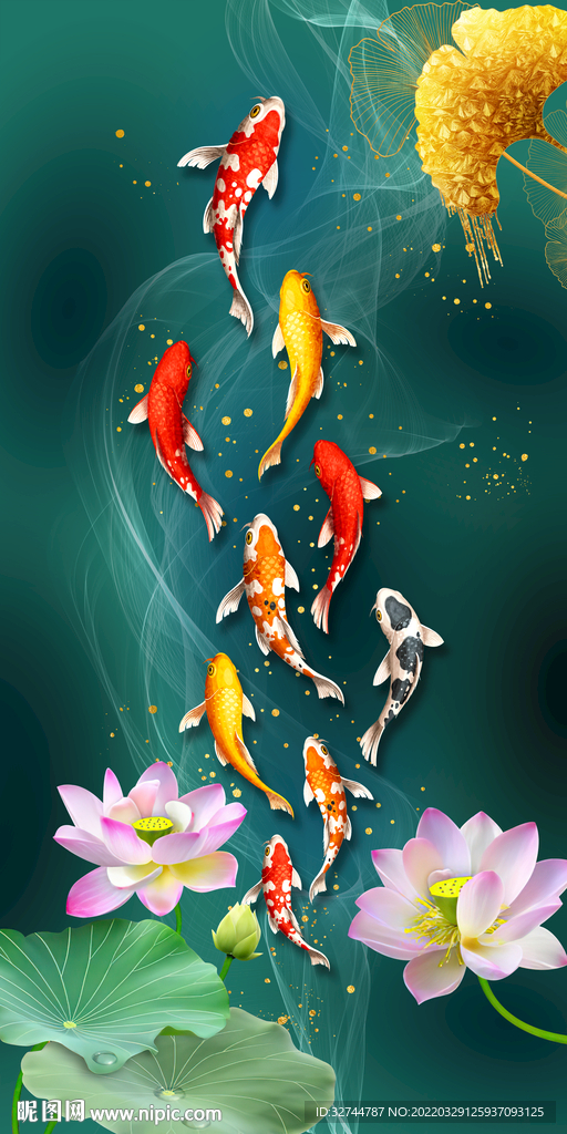 荷花九鱼图玄关