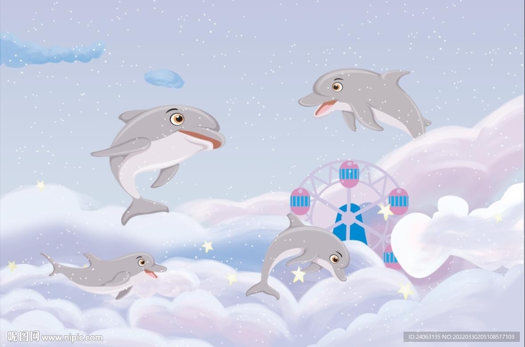 卡通儿童睡房海豚背景墙