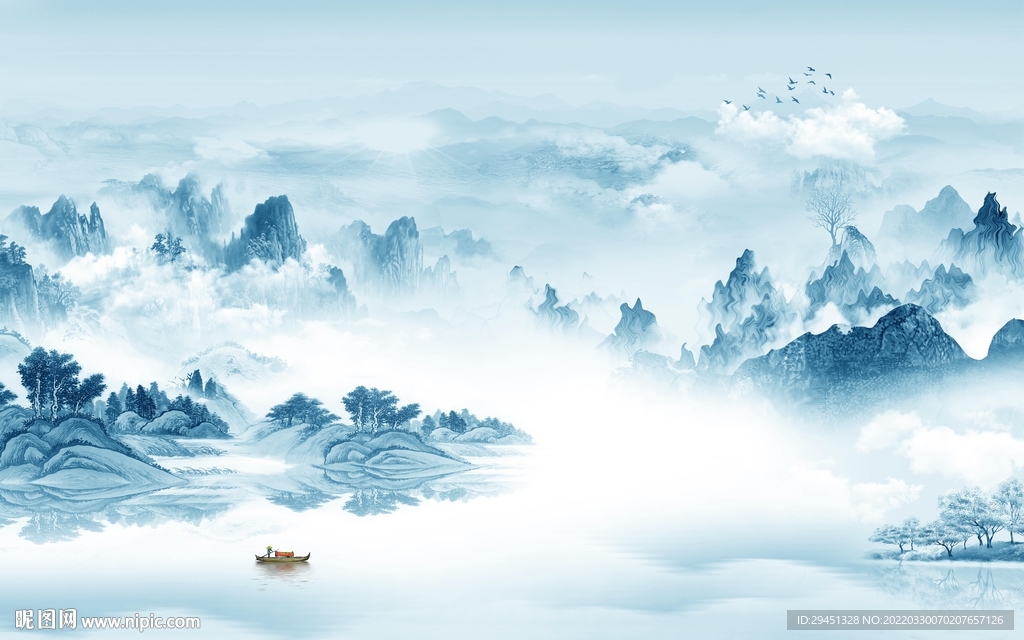 水墨别墅背景山水 tif分层