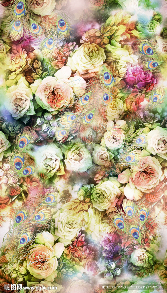 孔雀羽毛手绘花