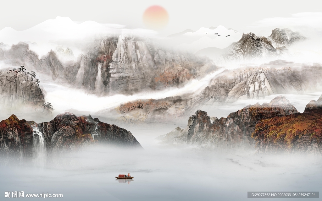 中国风山水背景墙画 tif分层