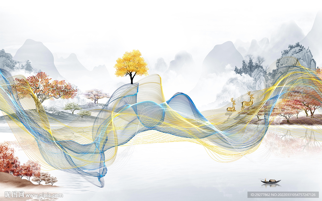 现代 山水背景墙画 tif分层