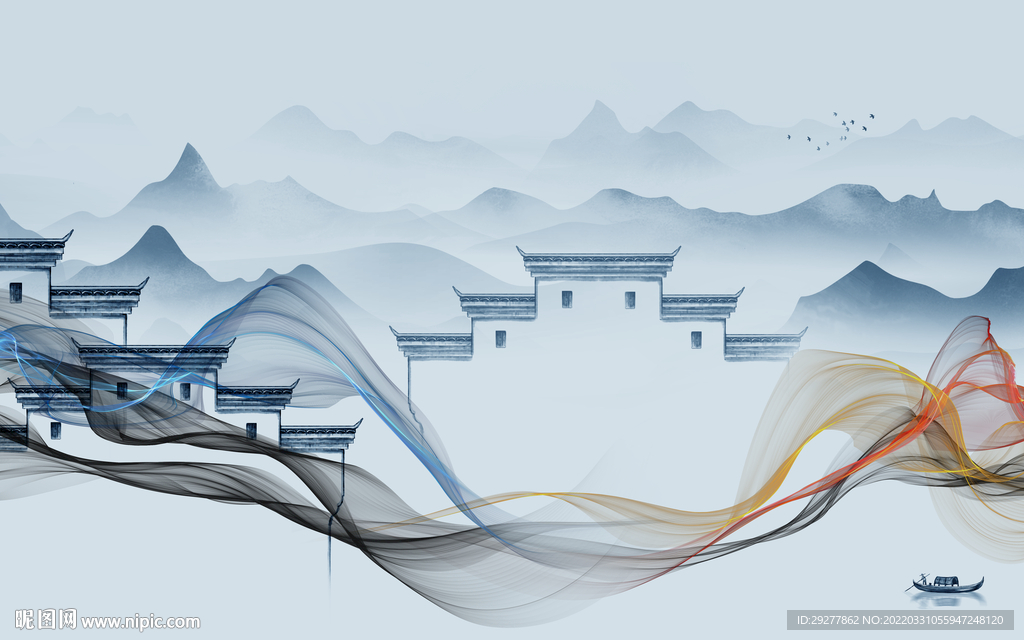 中式山水背景墙画 tif分层