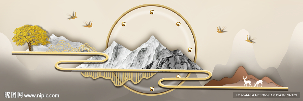 立体几何金色山水