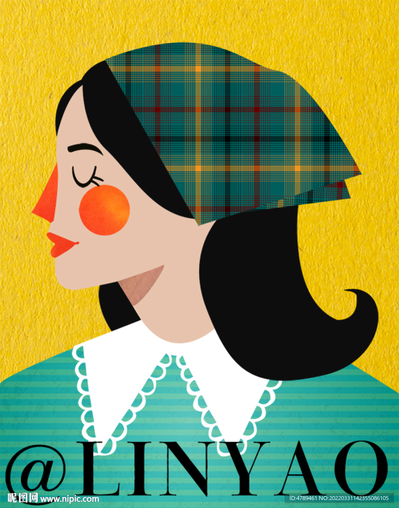 绿头巾女孩插画  格子头巾美女
