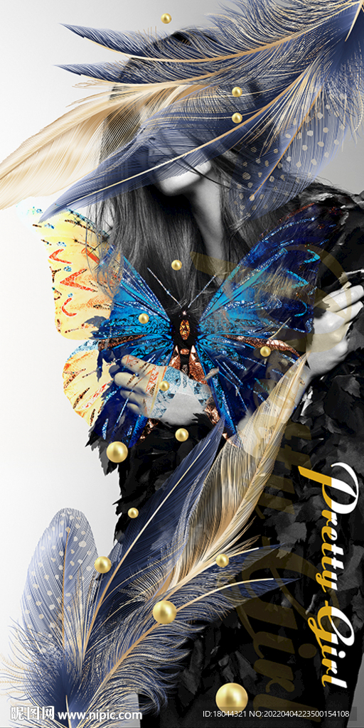 时尚美女蝴蝶抽象羽毛装饰画