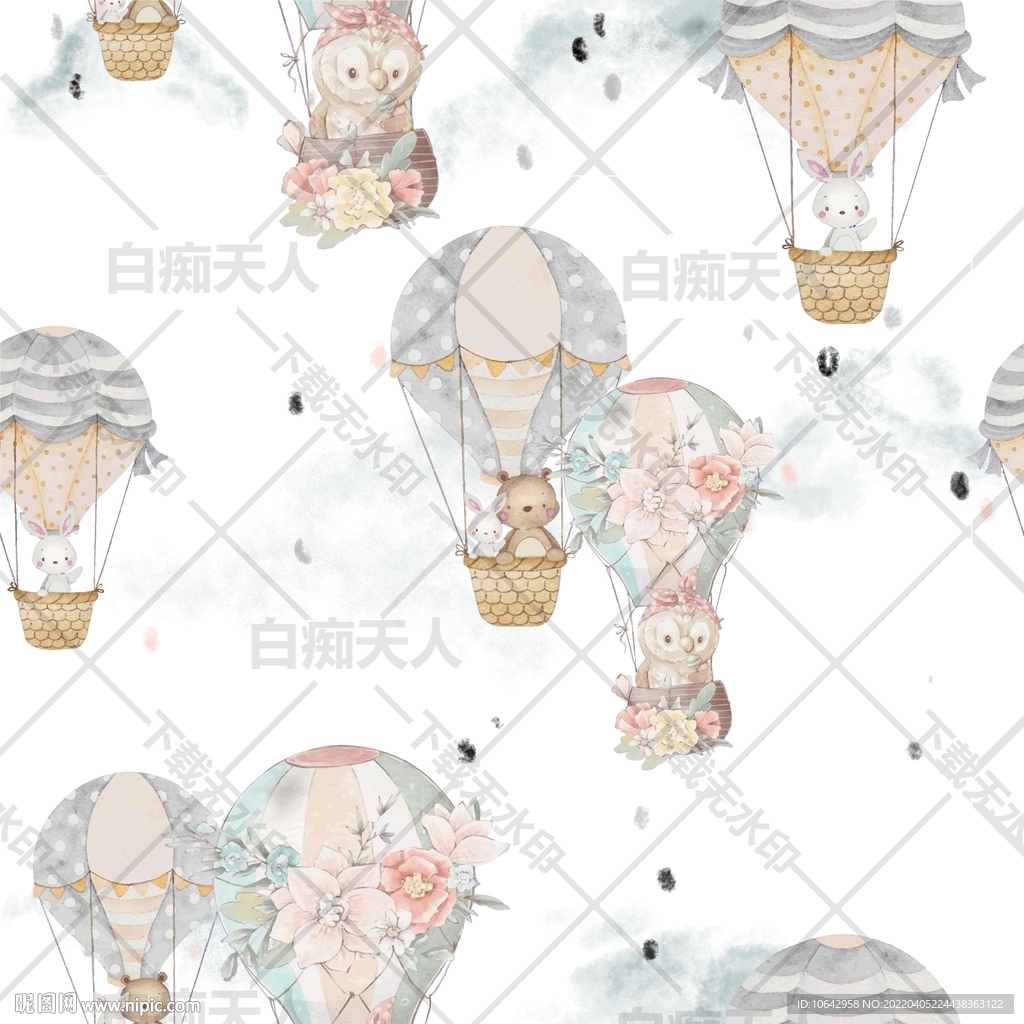 手绘卡通动物热气球图案