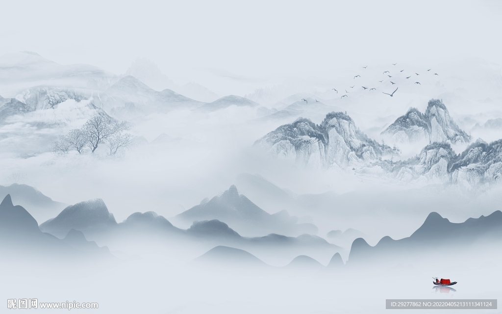 新中式客厅山水墙画 tif分层