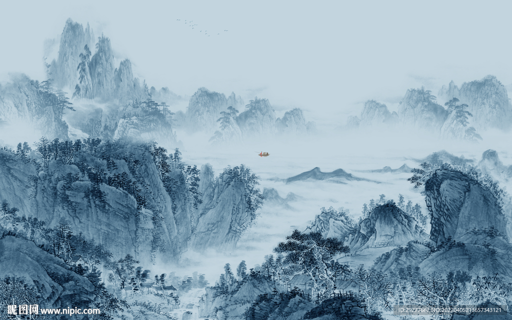 简约 客厅山水墙画 tif分层