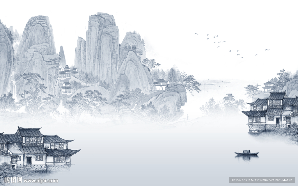 蓝色 客厅山水墙画 tif分层