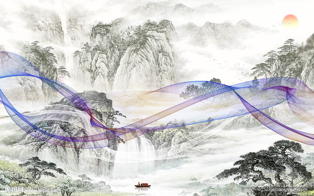 高清 客厅山水墙画 tif分层