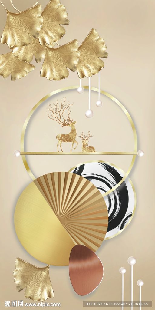 金色发财鹿装饰画