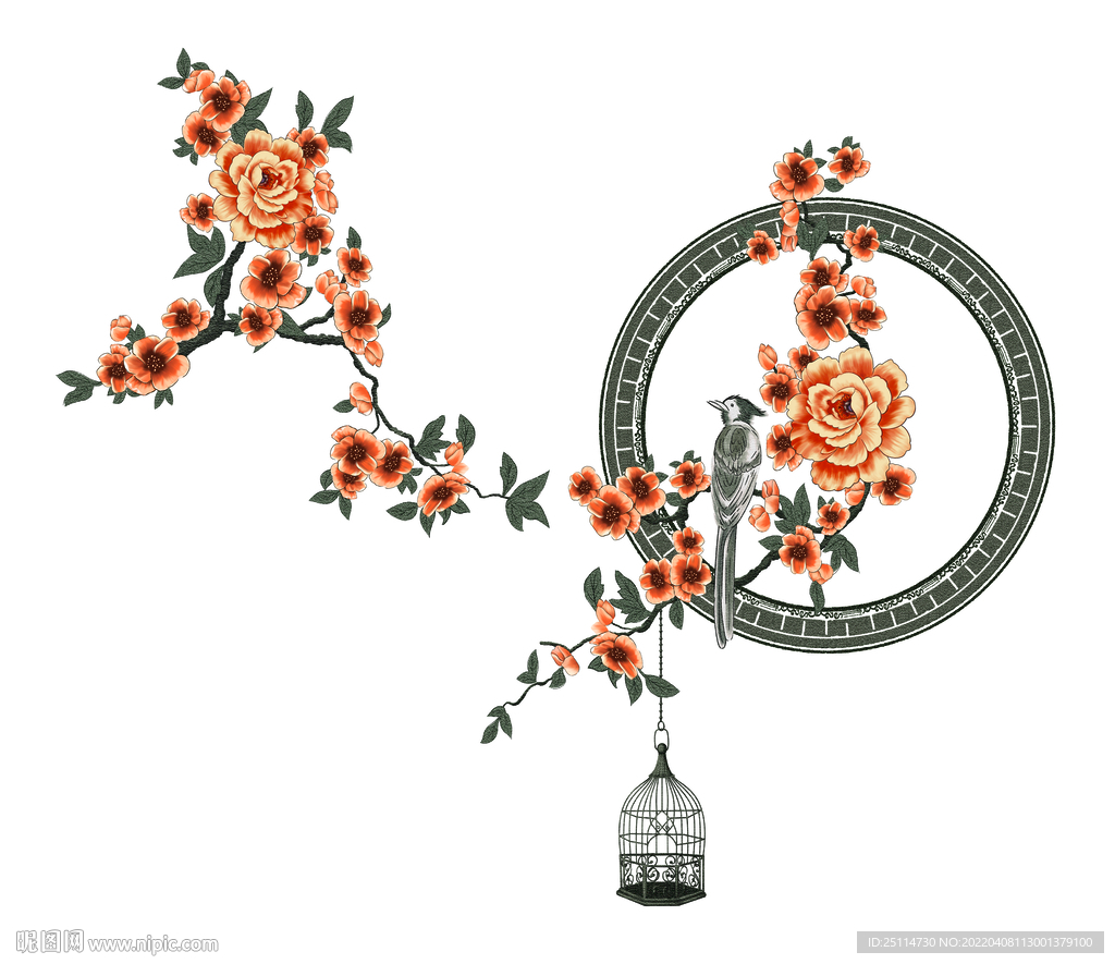 鸟笼花朵鸟叶子印花