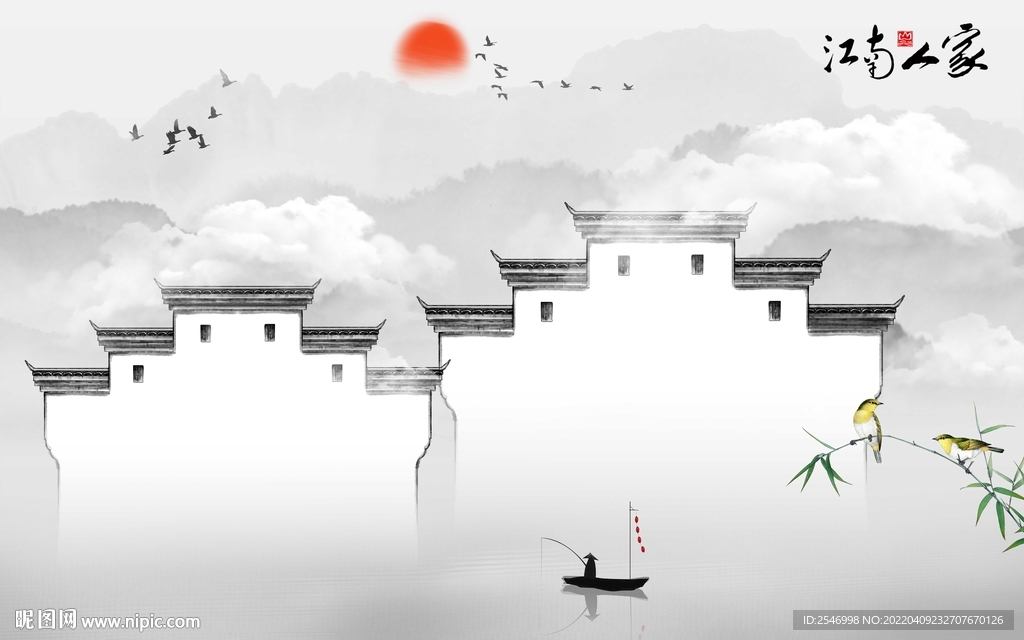 新中式徽派山水背景墙