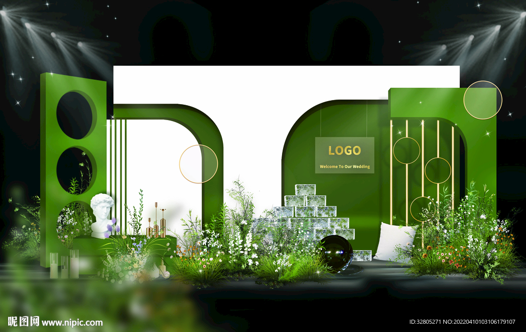 白绿色婚礼迎宾区背景