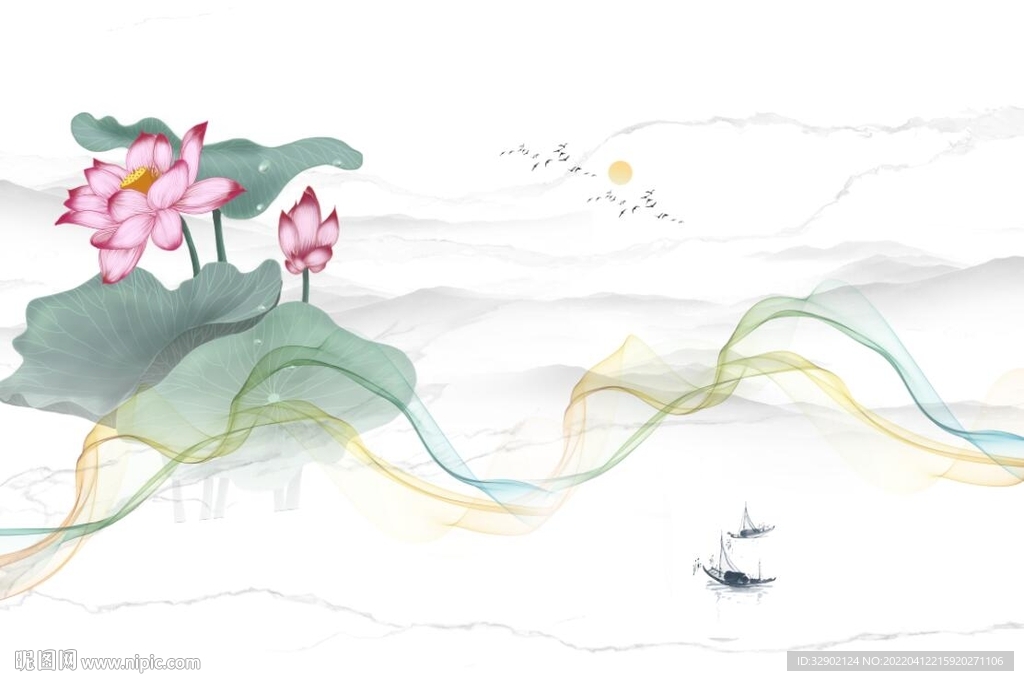 新中式水墨荷花背景墙