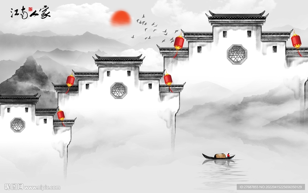 新中式徽派山水背景墙