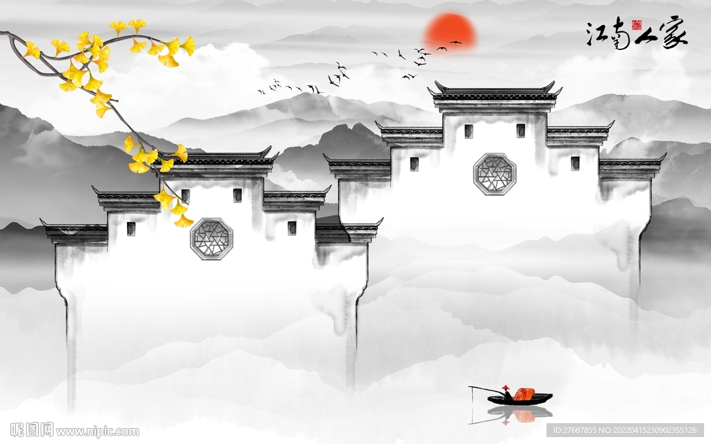 新中式徽派山水背景墙