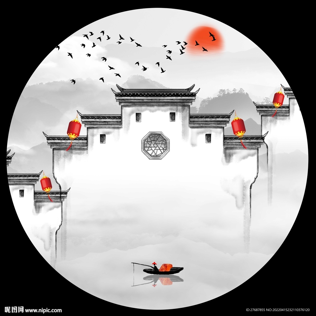 新中式徽派山水圆形山水画 