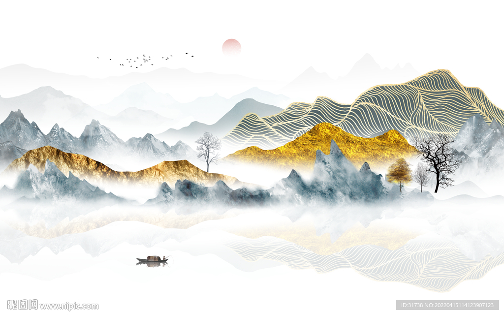 简约现代轻奢新中式山水背景墙