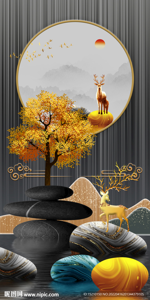 鹅卵石发财树玄关背景墙