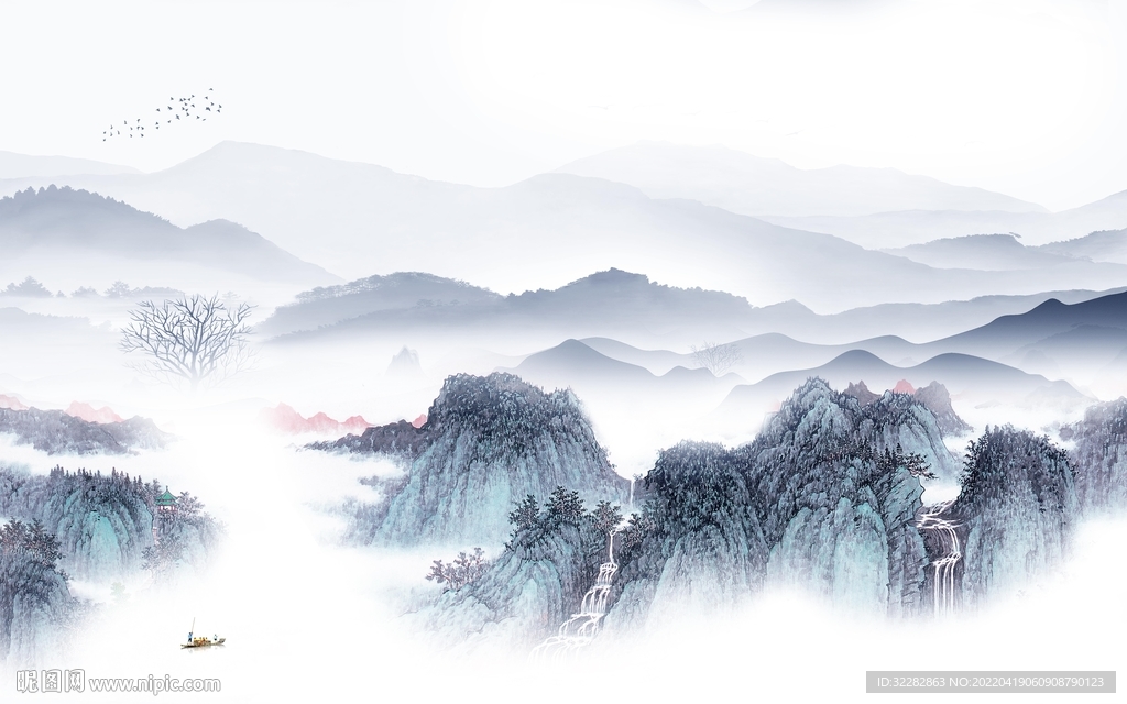 新中式别墅背景山水 TIF分层