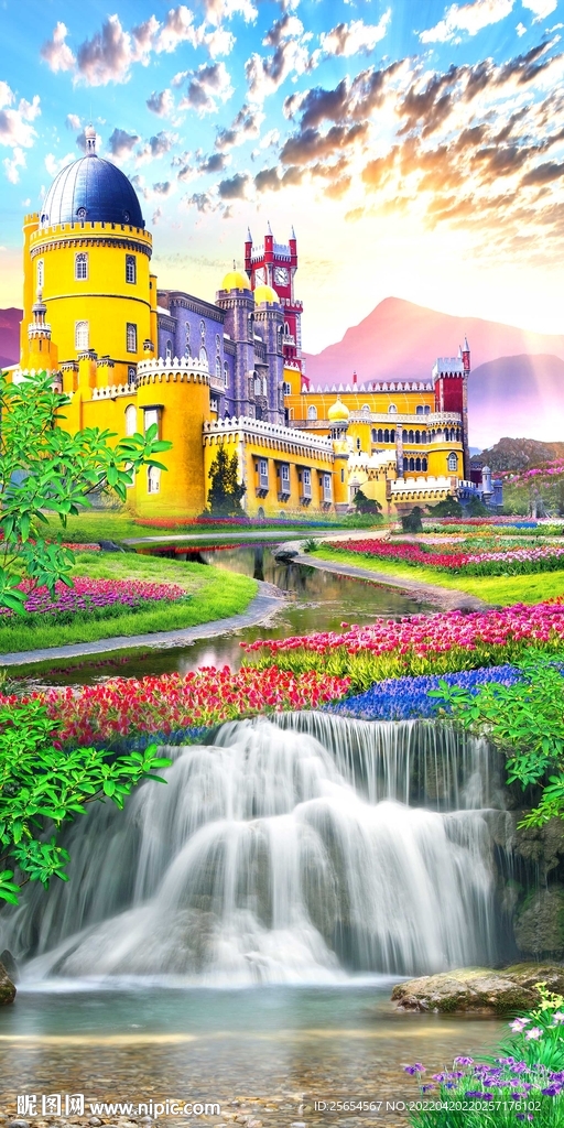 梦幻城堡瀑布美丽风景画玄关