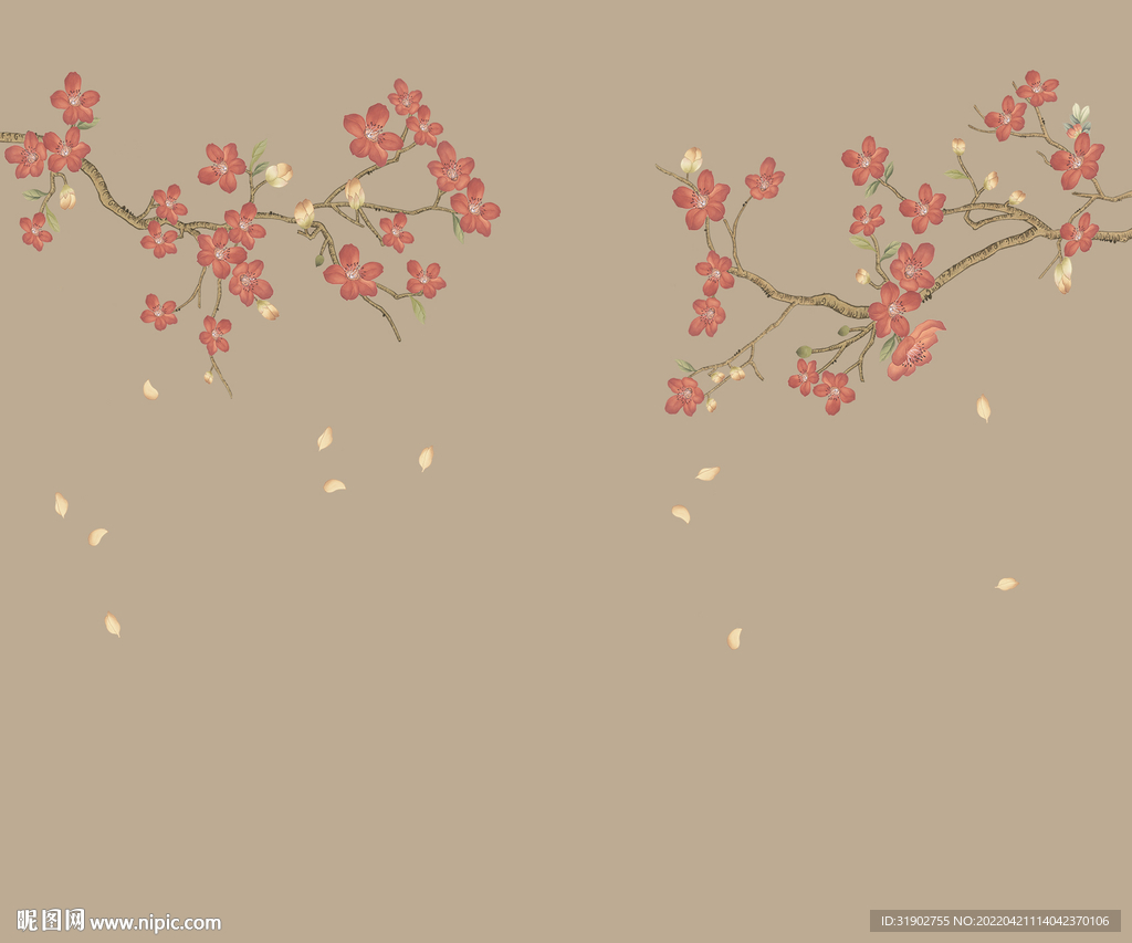 纯手绘高清海棠花背景墙