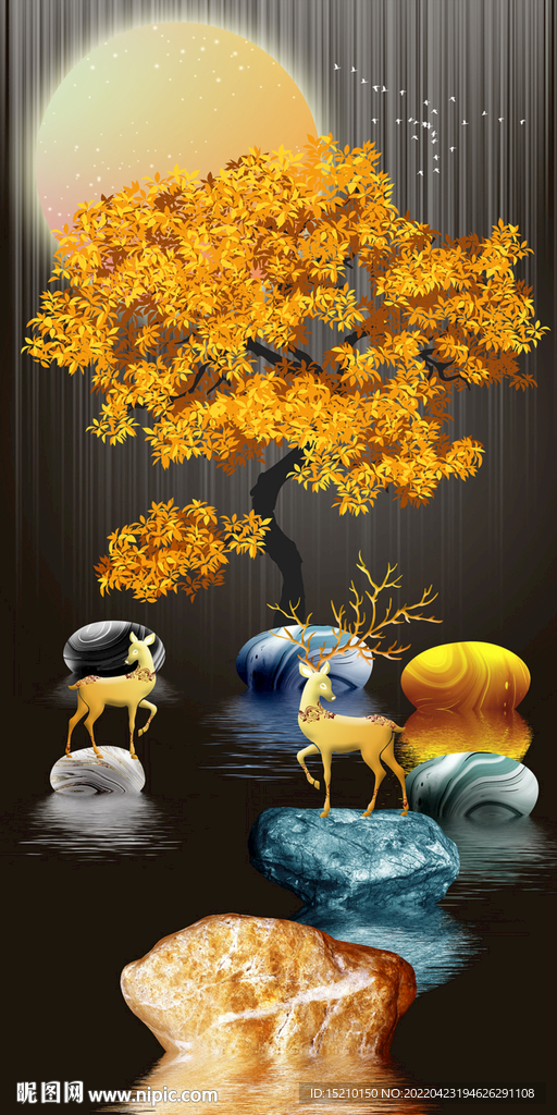 金色发财树玄关背景墙