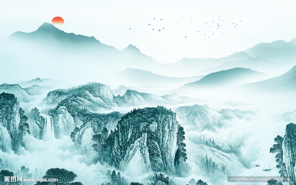 新中式客厅山水背景 tif分层