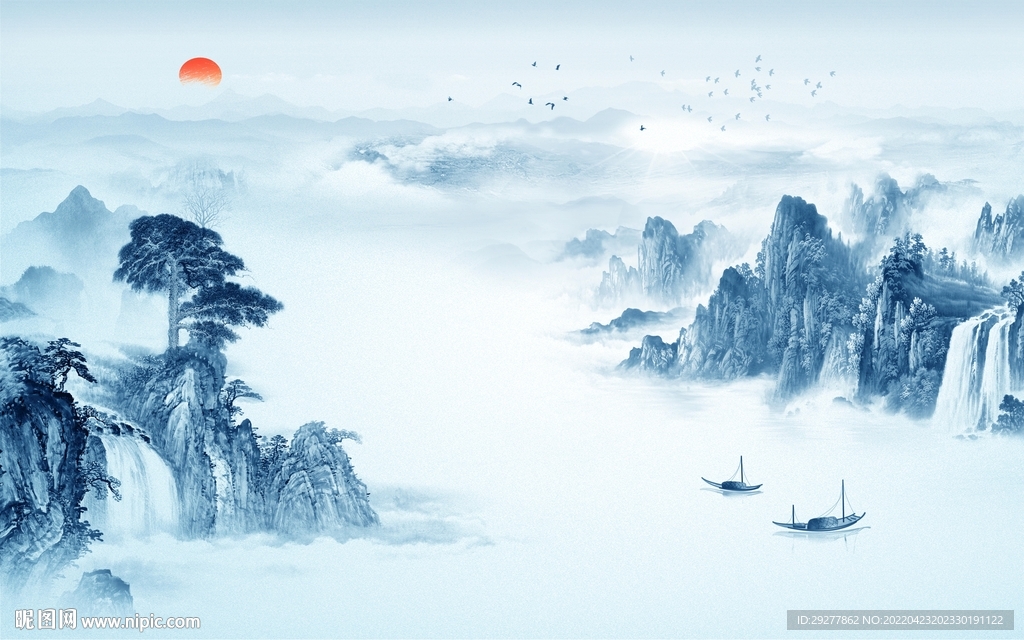 中式客厅山水背景 tif分层