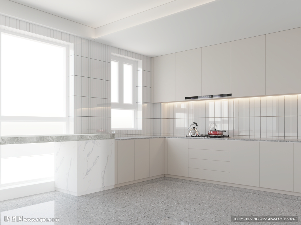 极简厨房餐厅场景3D空景