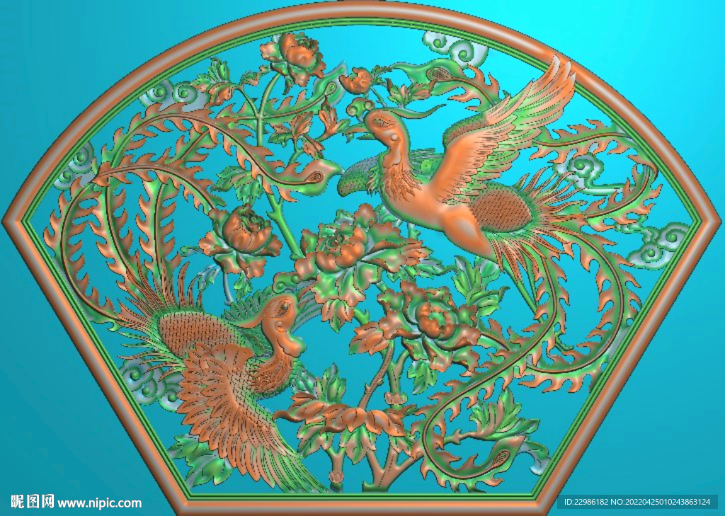 凤凰凤戏牡丹花开富扇形挂屏精雕