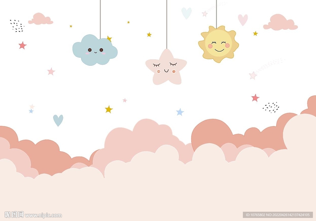 卡通云朵星星儿童房背景墙壁画