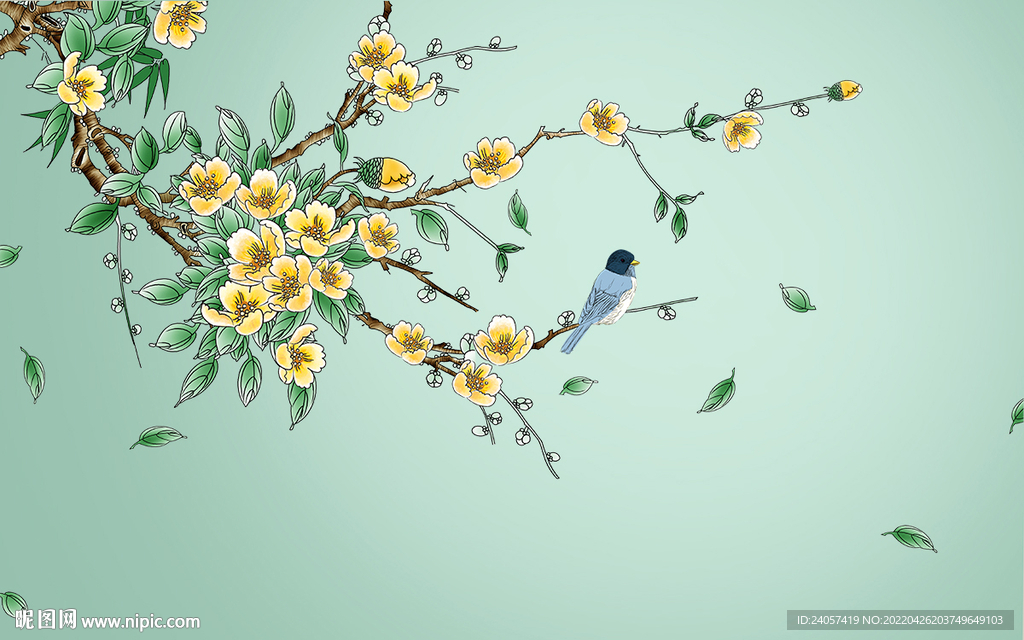 新中式手绘梨花工笔花鸟背景墙