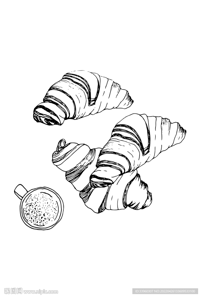 手绘牛角包矢量线稿