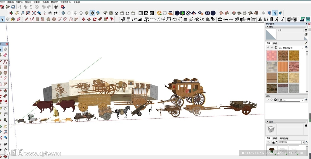 乡村牛车马车手推车板车su模型