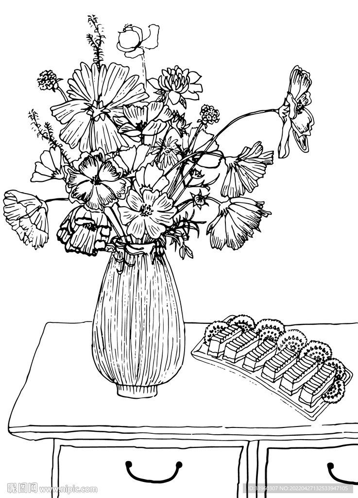 手绘花与美食矢量线稿