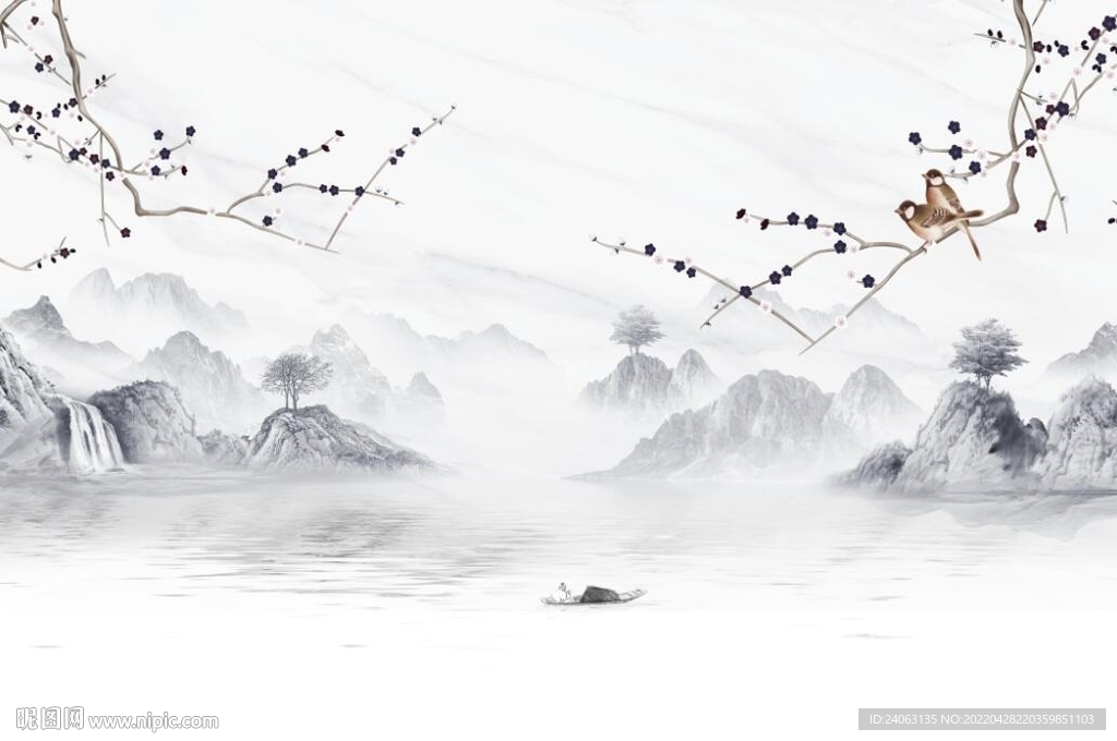 中式水墨山水花鸟背景墙