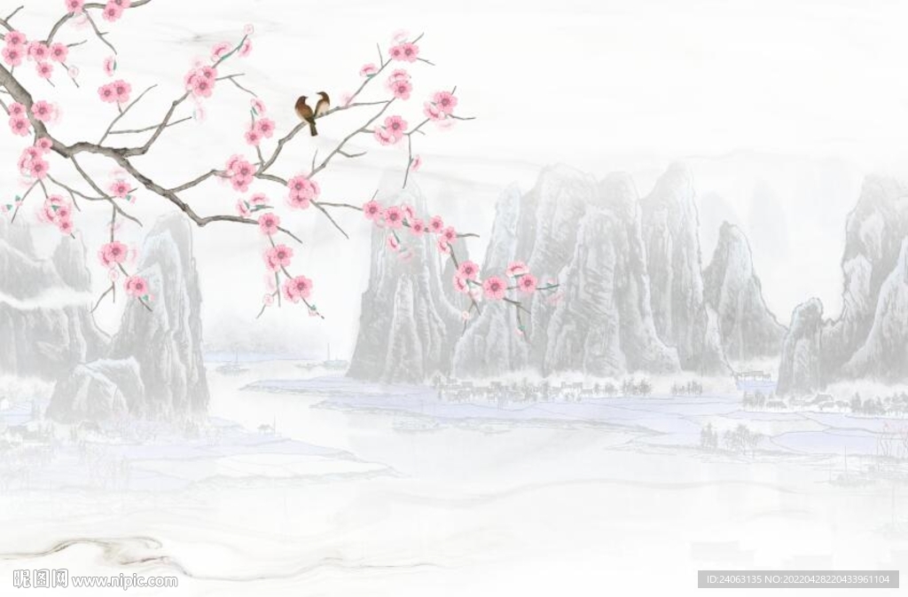 中式水墨山水花鸟背景墙